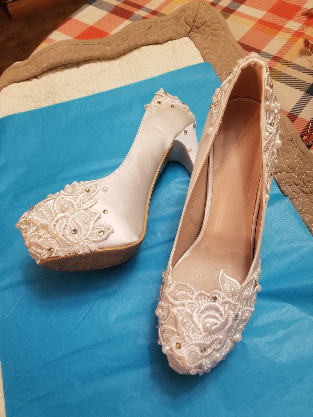 Embellished White Lace Women's Heels Wedding Sequins Pearls